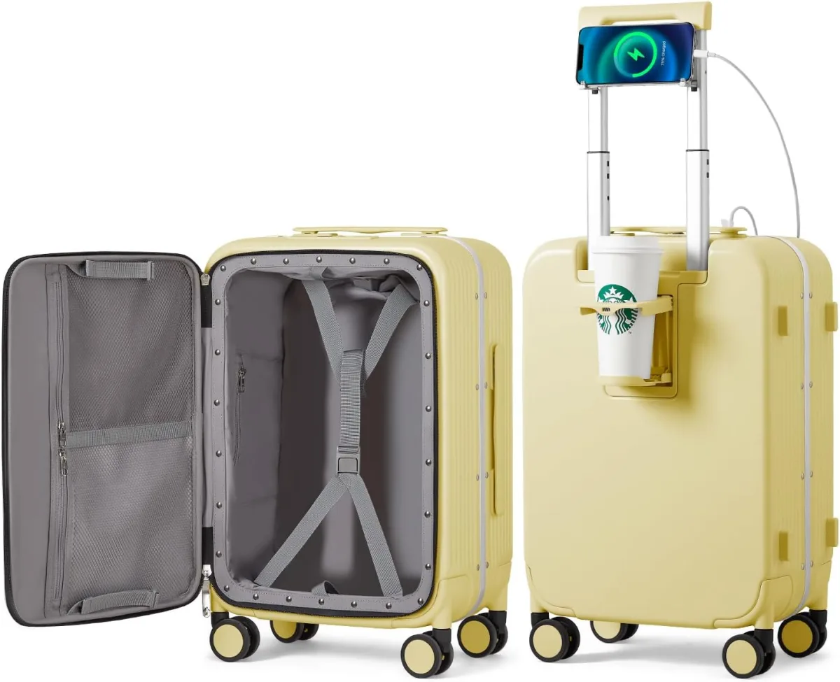 mixi Carry On Luggage with Cup Phone Holder and Charger Hard Shell Suitcases