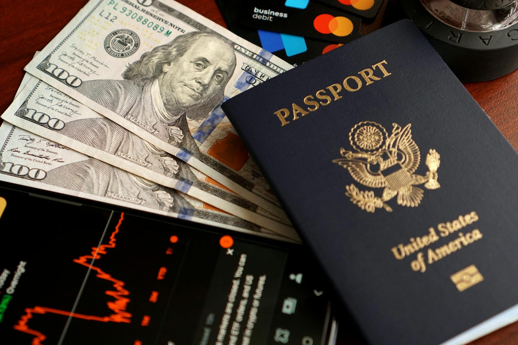 Close-up of US currency, passport, and financial tools for travel and budgeting. on Points and Pathways