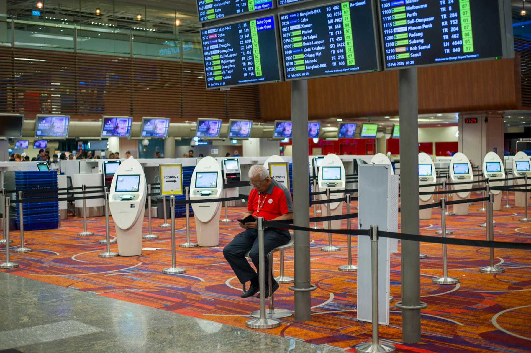 Busy airport terminal interior with flight information displays and check-in kiosks. on Points and Pathways
