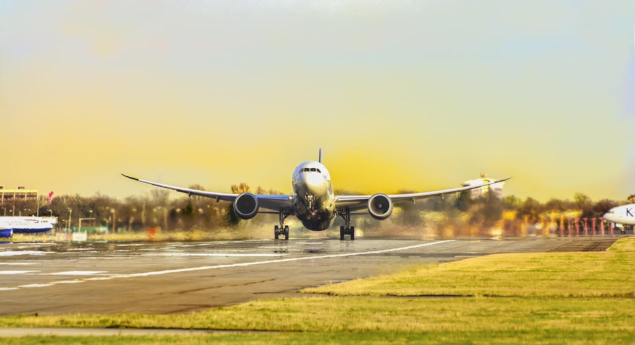 virgin, airline, sky, flight, air, airplane, airport, aviation, nature, departure, transport, transportation, travel, commercial, worldwide, fly, holiday, trip, plane, aircraft, yellow on Points and Pathways