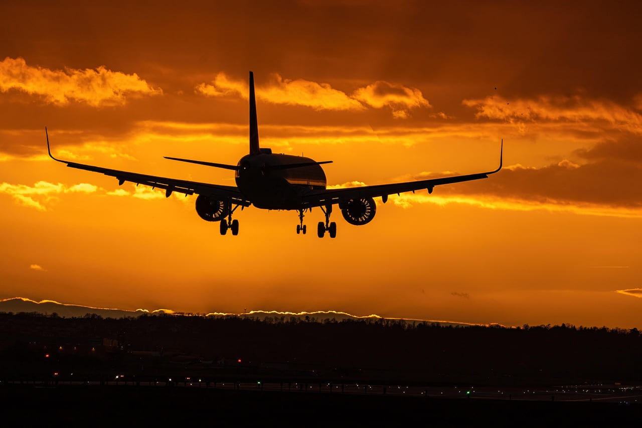plane, nature, airport, transportation, engine, dusk, sunset, travel, freedom on Points and Pathways
