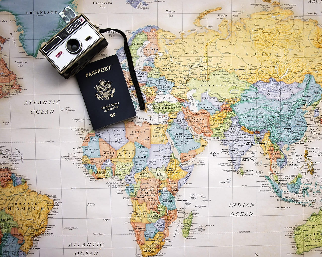 passport, map, world, trip, tourism, vacation, world map, travel, planning, camera on Points and Pathways